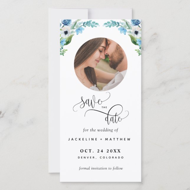 Photo, Mariage Floral Bleu Enregistrer La Date Sig (Devant)