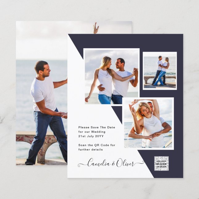 PHOTO Mariage Inviter QR Code Enregistrer Date BLU (Devant / Derrière)