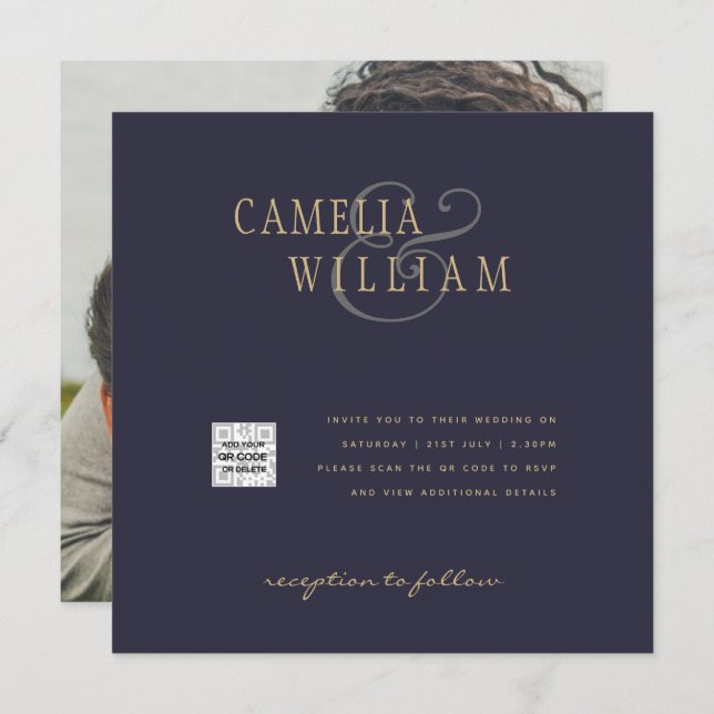 PHOTO Mariage Inviter QR Code Enregistrer Date BLU (Devant / Derrière)