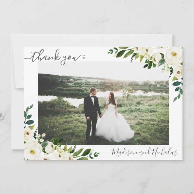 Photo Mariage Merci Cartes avec Fleurs Blanches (Devant)