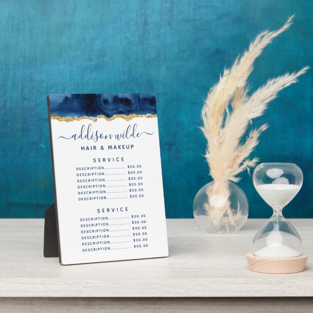 Photo Marine Blue And Gold Watercolor Menu Prix Plaque (Côté)