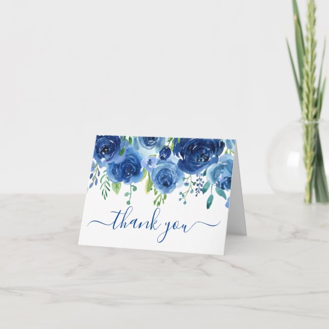 Photo Marine Blue Floral Mariage Carte de remercie (Devant)