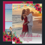 Photo Mele Kalikimaka Cartes de Noël<br><div class="desc">Mele Kalikimaka Cartes de fin de année de photos de Noël. Ce design moderne simple de carte de vacances comprend une typographie en lettres rouges bordeaux saluant "Mele Kalikimaka" , des arrangements floraux tropicaux rouges ou bordeaux aux deux coins et des lampes à cordes de noël. Aux arrangements floraux sur...</div>
