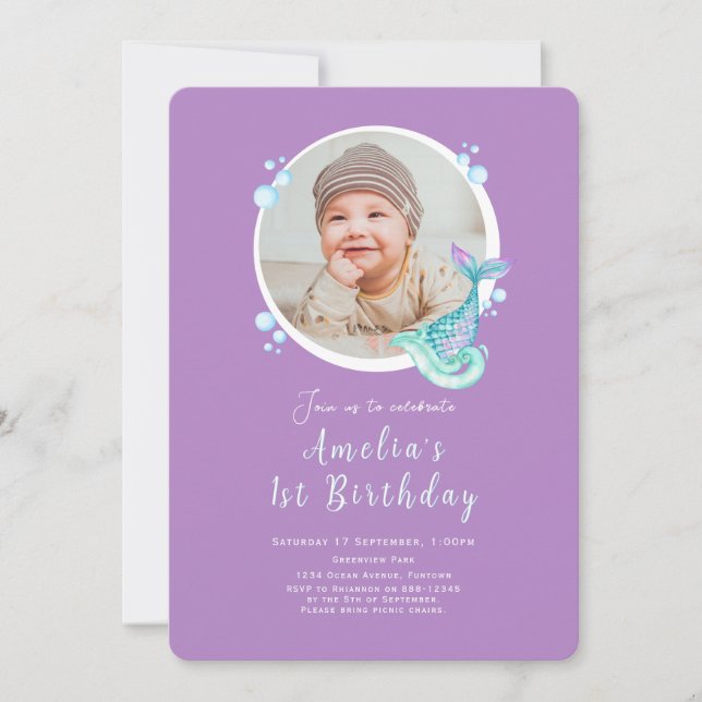 Photo Mermaid Purple Invitation d'anniversaire (Devant)
