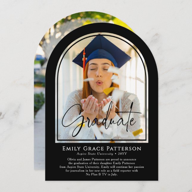 Photo Moderne Arch Script Graduation Faire-part (Devant / Derrière)