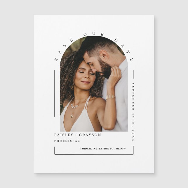 Photo moderne Boho Arch Enregistrer notre date Car (Devant)