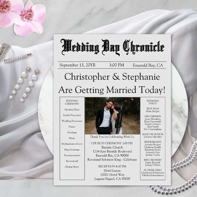 Photo moderne chic modifiable QR Code Code Wedding (Custom Gray Newspaper Style Elegant Script One Photograph Wedding Program)
