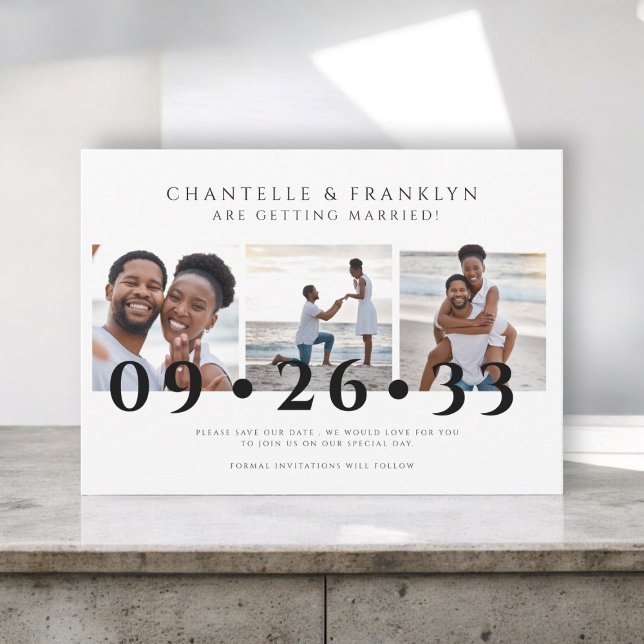 photo moderne en noir et blanc faire-part de date  (modern three photo collage save the date invitation )