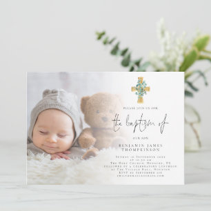 Photo moderne Eucalyptus Cross Baptism Invitation