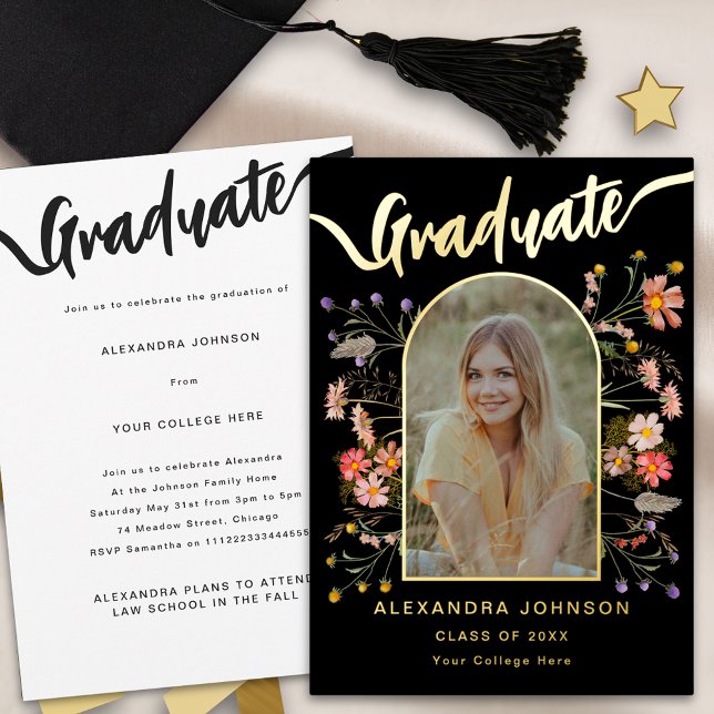 Photo moderne Graduate Faire-part Party Gold (Modern photo arch floral graduation announcement party invitation elegant trendy gold foil script)