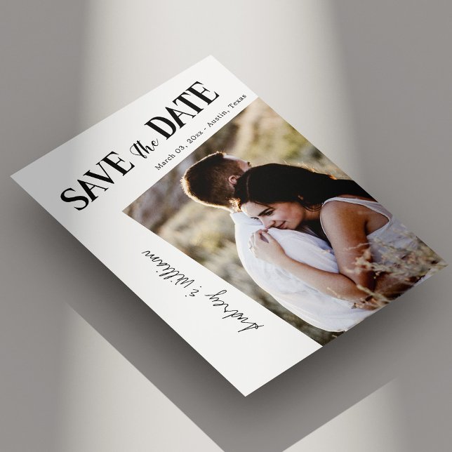 Photo moderne inclinée Enregistrer la carte de dat (Modern Slanted Photo Save the Date Card Minimalist Personalized)