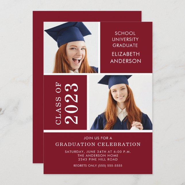 Photo moderne Maroon Graduation Invitation (Devant / Derrière)