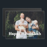 Photo moderne photo texte personnalisé carte Hanou<br><div class="desc">Happy Hanoukka typographie moderne minimaliste moderne simple élégante personnalisée Hanoukka Holiday carte magnétique. Image ou image personnalisée et texte blanc entièrement personnalisable au bas de la carte. Crédit photo freepik</div>