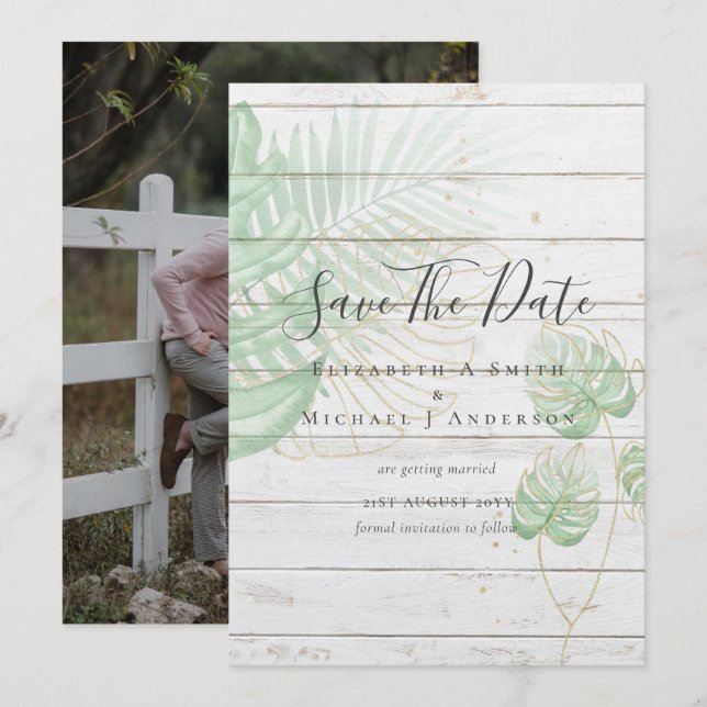 Photo moderne SAVE DATES Topique Feuille Gold (Devant / Derrière)