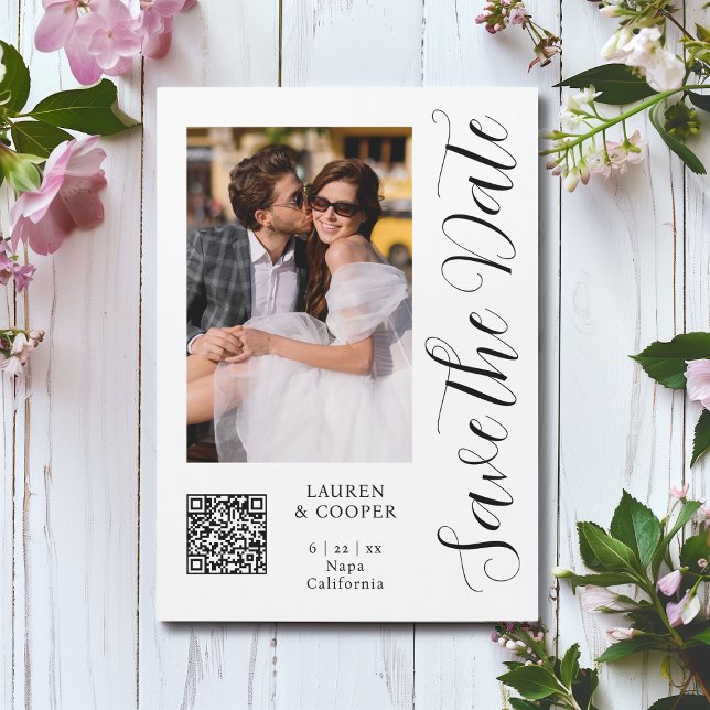Photo Noir Blanc Script Enregistrer la Date QR Cod (Créateur téléchargé)
