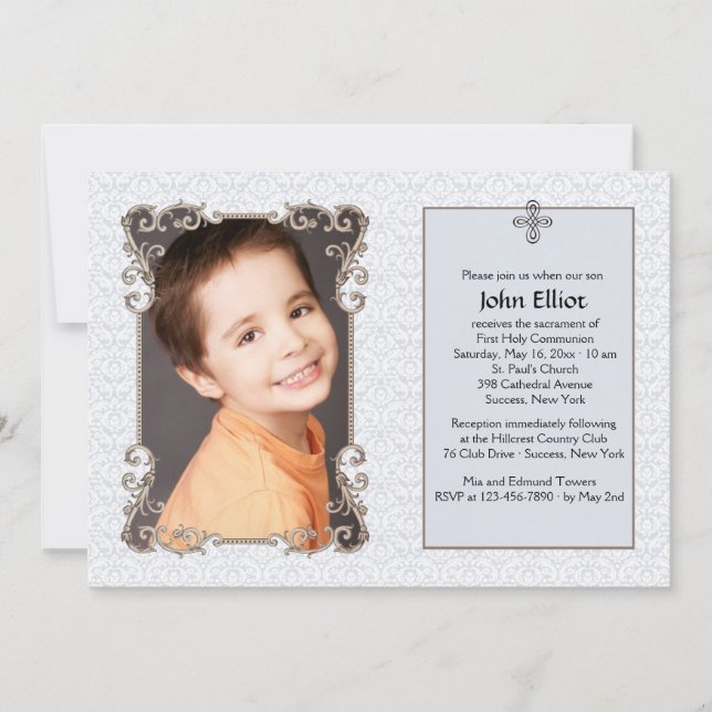 Photo Old World Blue Damask Invitation religieuse (Devant)