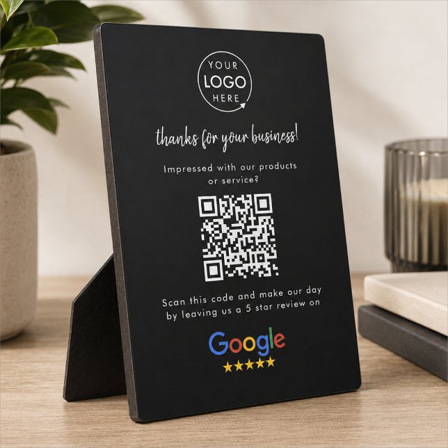 Photo Panneau de table | Plaque de code QR pour avis Goo (Google Review interactive QR code tabletop easel plaque sign branded with your company logo.)