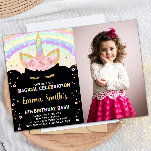 Photo Parties scintillant Black Unicorn Invitation (Photo Glitter Black Unicorn Birthday Invitations)