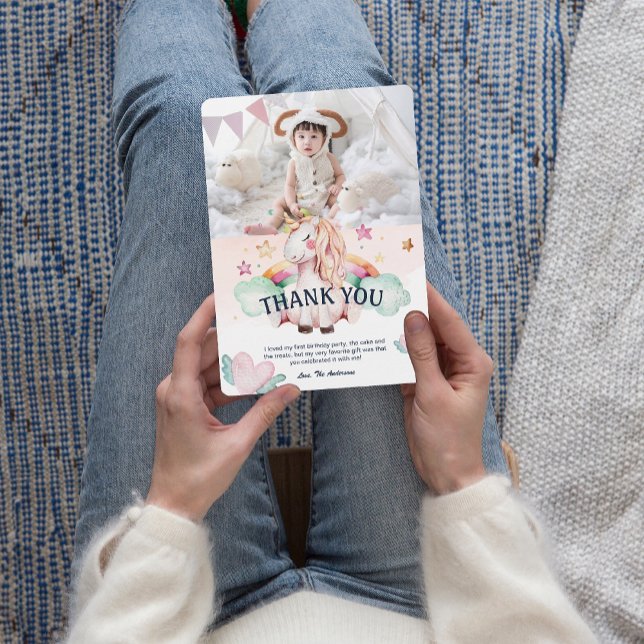 Photo Pastel Unicorn Carte de remerciement Anniver (Pastel Unicorn Kids Birthday ThankYou Card)