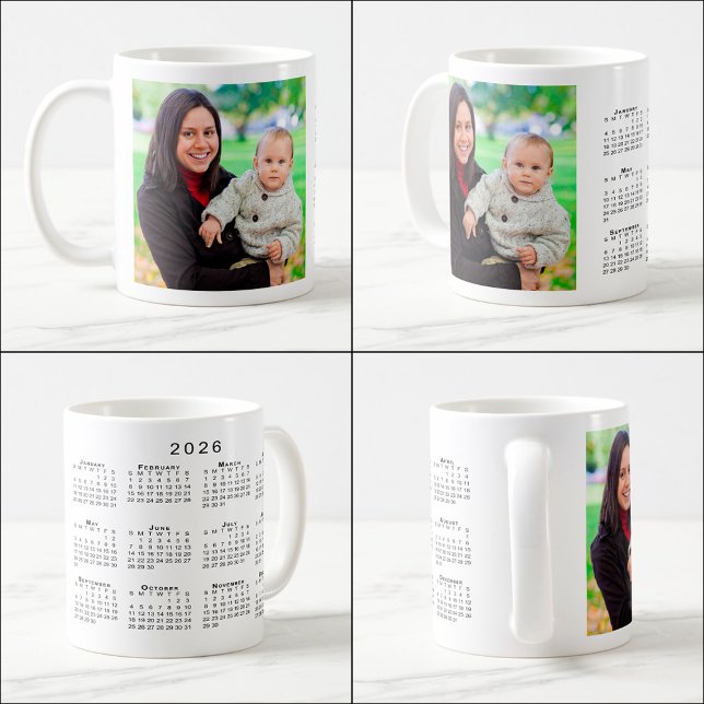 Photo personnalisée 2026 Calendrier Café Mug (Custom Photo 2026 Calendar Coffee Mug, multiple views)