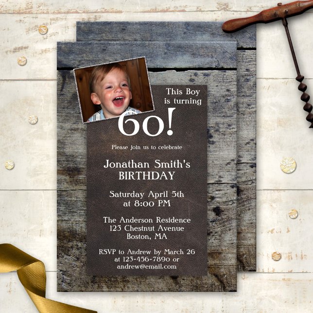 Photo personnalisée Bois Invitation de fête d'anni (Birthday party invitation featuring your photo on weathered wood and dark brown leather)