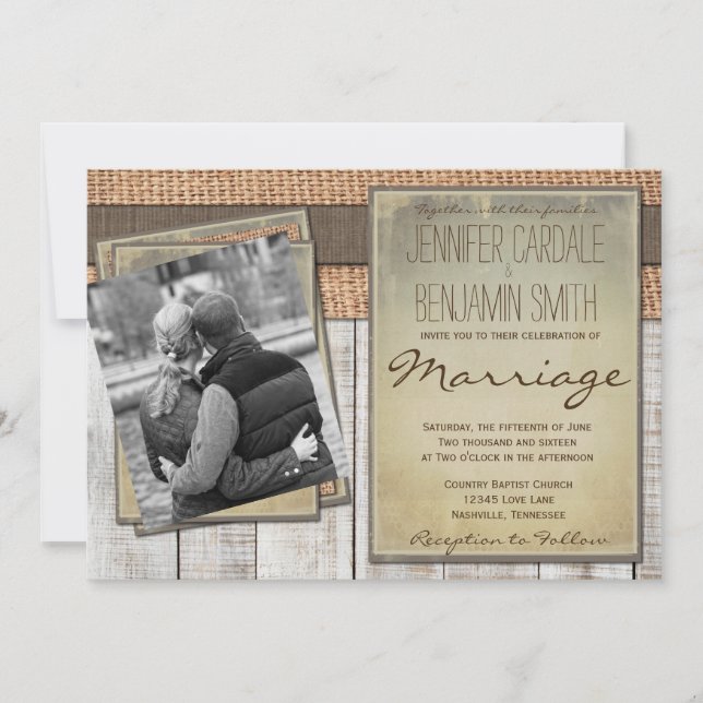 Photo personnalisée Burlap Grange Bois Invitations (Devant)