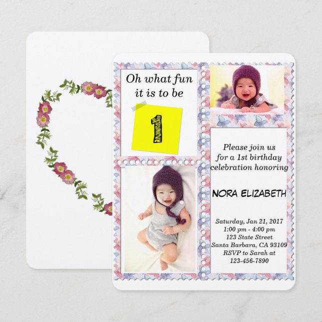Photo personnalisée Cadre floral 1er Invitation an (Devant / Derrière)