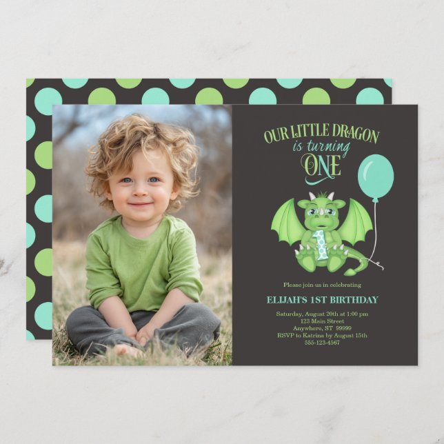Photo personnalisée Cute Dragon 1er Invitation ann (Devant / Derrière)