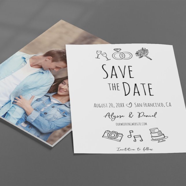 Photo personnalisée Main dessinée Minimal noir bla (Whimsical hand drawn fun and unique photo wedding save the date cards.)