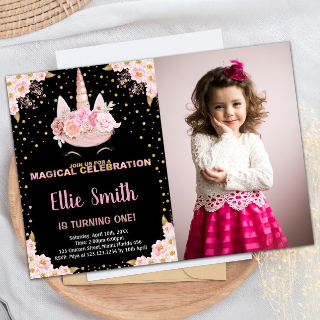 Photo Pink Black Unicorn Invitations Anniversaire (Photo Pink Black Unicorn Birthday Invitations)