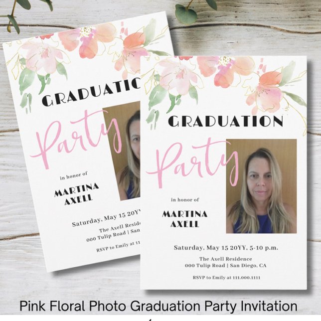 Photo Pink Floral Graduation Party Invitation (Créateur téléchargé)