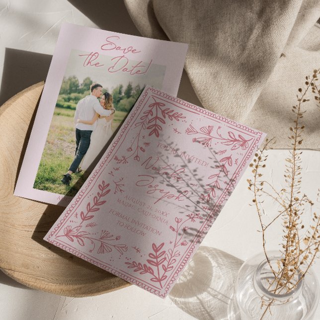 Photo Pink Hand Drawn Floral Garden Save The Date (Créateur téléchargé)