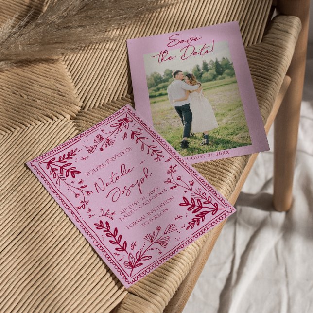 Photo Pink Raspberry Drawn Floral Save The Date (Créateur téléchargé)