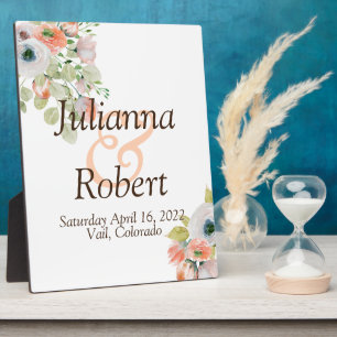 Photo Plaque de mariage florale à l'aquarelle rose et bl