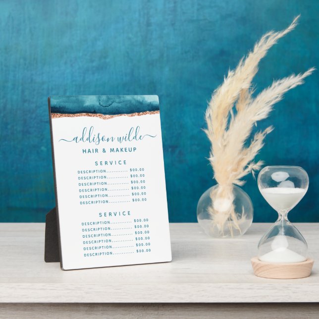 Photo Plaque de menu de prix à l'aquarelle sarcelle et o (Côté)
