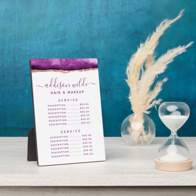 Photo Plaque de menu de prix à l'aquarelle violet et or (Côté)