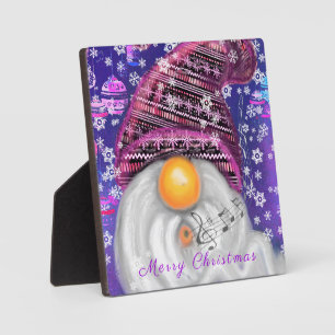 Photo Plaque de Noël Gnome Heureux en Chapeau Violet Cha