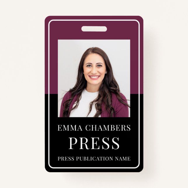 Photo Press Pass Burgundy Black ID Badge (Devant)