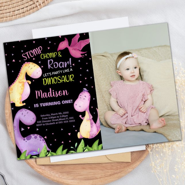 Photo Purple Black Dinosaur Invitations d'annivers (Photo Purple Black Dinosaur Birthday Invitations)