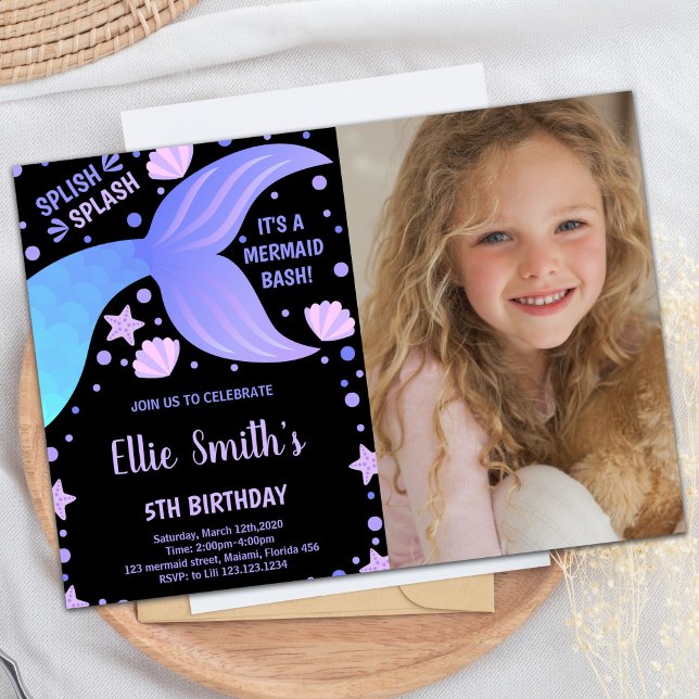 Photo Purple Blue Tail Shell Invitations de sirène (Photo Purple Blue Tail Shell Mermaid Invitations)