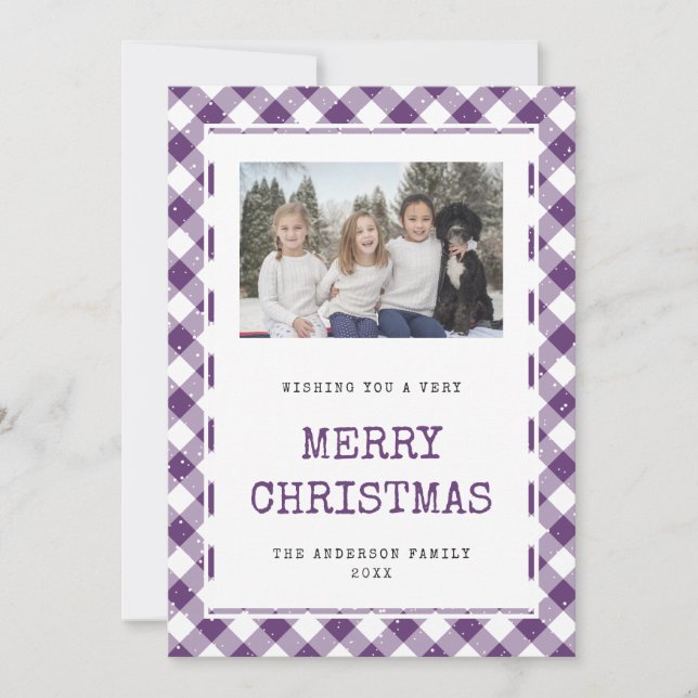 Photo Purple Plaid Neige Joyeuse Carte de Noël (Devant)
