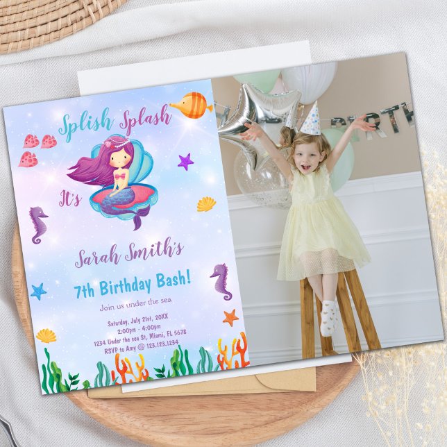 Photo Purple Shell Mermaid Invitations d'anniversa (Photo Purple Shell Mermaid Birthday Invitations)