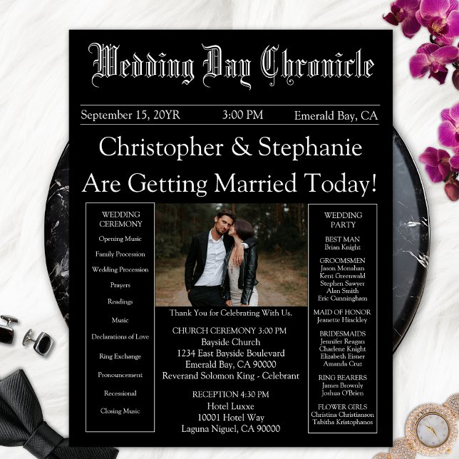 Photo QR Code Minimalist Newspaper Wedding Program (Custom One Photo Elegant Script Black Newspaper Wedding Program)