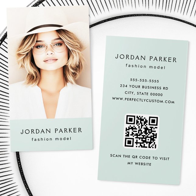 Photo QR code mode bleu vert cartes de visite (Photo QR code fashion blue green business cards)