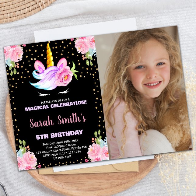 Photo Rainbow Black Unicorn Invitations d'annivers (Photo Rainbow Black Unicorn Birthday Invitations)
