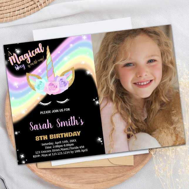 Photo Rainbow Pink Unicorn Invitations d'anniversa (Photo Rainbow Pink Unicorn Birthday Invitations)