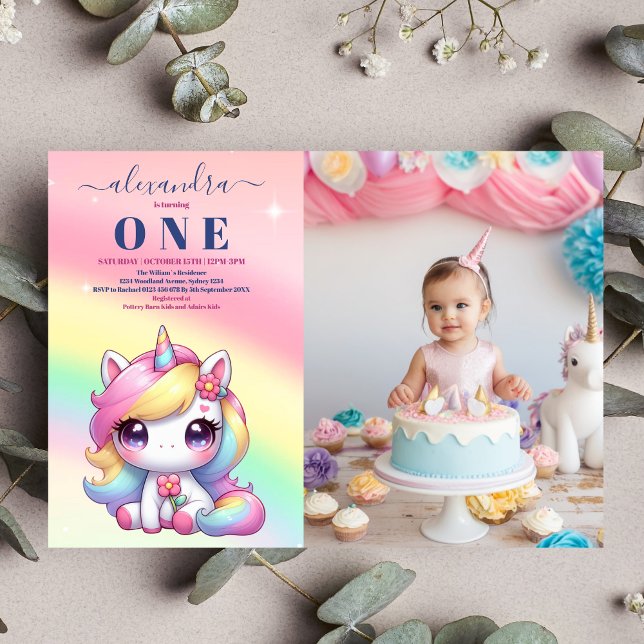 Photo Rainbow Unicorn Anniversaire Invitation 1ère (Créateur téléchargé)