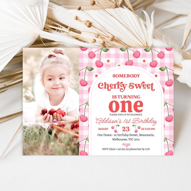 Photo Red Quelqu'un Cherry Sweet Invitation Annive (Cherry Sweet 1st Birthday Invitation Template Photo Berry Themed Birthday Invitation with Photo, )