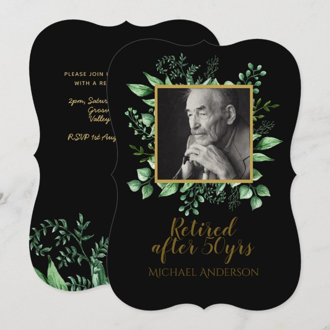 PHOTO Retraite Invitation Black Gold Feuilles (Devant / Derrière)