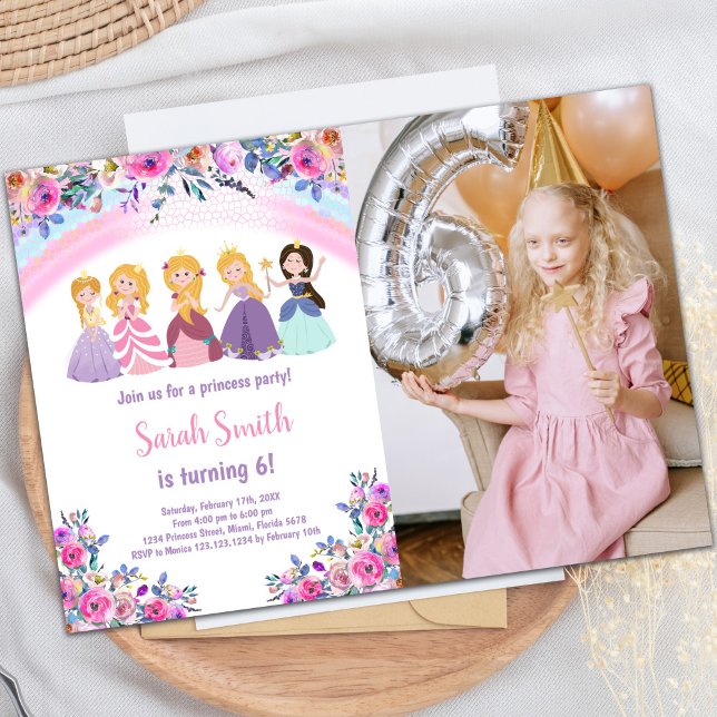 Photo rose Floral Princess Invitations d'anniversa (Pink Photo Floral Princess Birthday Invitations)